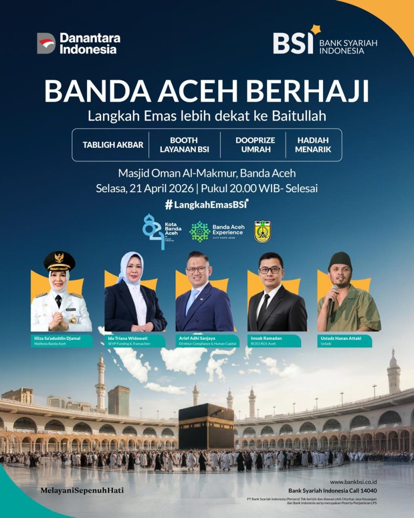 Bank Syariah Indonesia (BSI) bersama Pemerintah Kota Banda Aceh menghadirkan program “Banda Aceh Berhaji” sebagai upaya mendorong masyarakat mempersiapkan ibadah haji sejak dini, baik dari sisi finansial maupun spiritual.